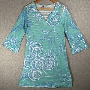 Before + Again Aqua Blue Floral Burnout V-Neck 3/4 Sleeve Tunic Top Size M